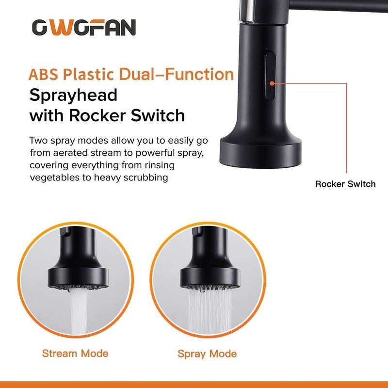 OWOFAN Low Lead Modern Single Handle Pull Down Sprayer Spring Kitchen Faucet, Brass Black&Brushed Nickel Kitchen Sink Faucets - Image 3